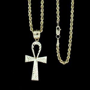 10K Real Gold Rope Chain and Ankh Cross Pendant Set